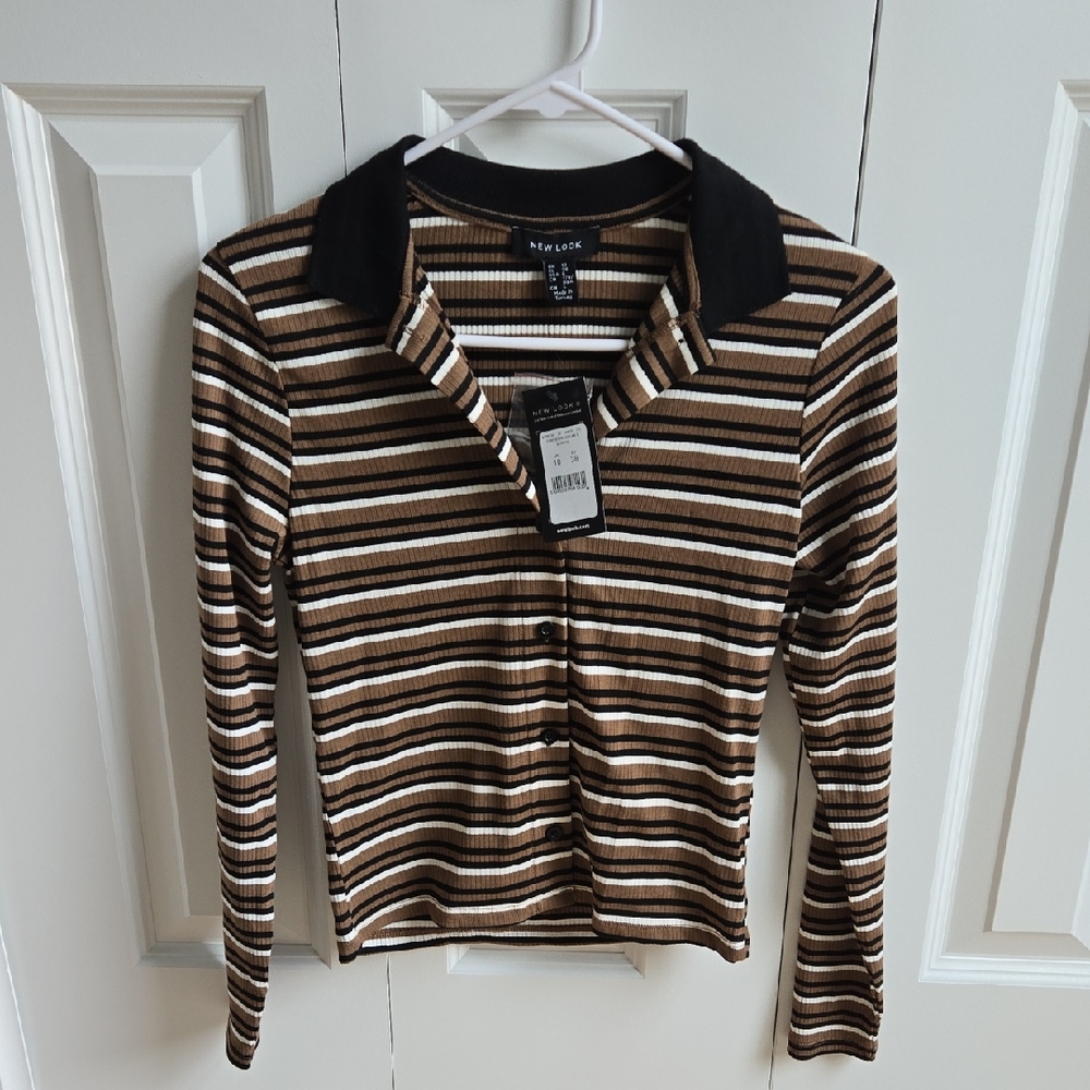 New-Look Striped Ribbed Polo Top in Brown & Black
